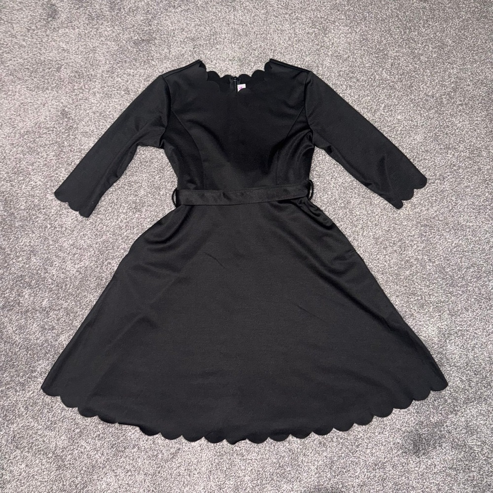 Gorlya Girls Black Long Sleeve Fit & Flare Dress w/ Scallop Trim - 10Y